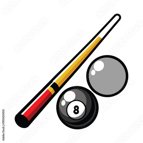 Pool cue and billiard balls with an eight ball in the center black ball gray ball