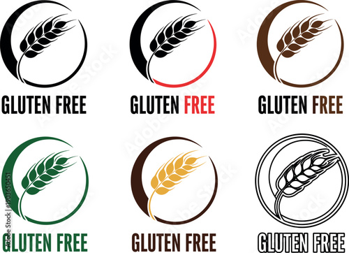 Minimalist set of six gluten free labels featuring simple wheat icons for health food certification dietary stickers organic bakery packaging and menu graphic design.