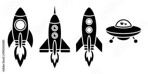 Rocket and ufo silhouette set. Space shuttle spacecraft flying, saucer alien ship vector design