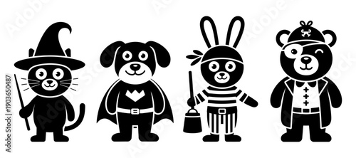 Animal characters wearing costumes silhouette set dog, rabbit, cat and bear dressed outfit cartoon mascot illustration vector