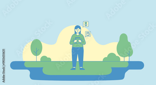 Person Holds Device Outdoors Interacting With Digital Information Elements Amidst Green Landscape Background