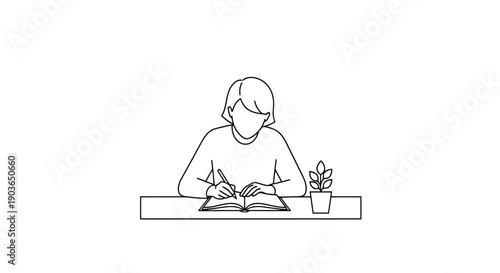 Person diligently writing in an open book on a desk with a small potted plant nearby representing focus and study for academic endeavors