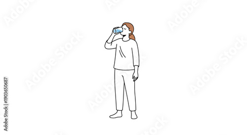 Woman Drinks Fresh Water From Glass Bottle Simple Line Art Refreshment Healthy Hydration Lifestyle
