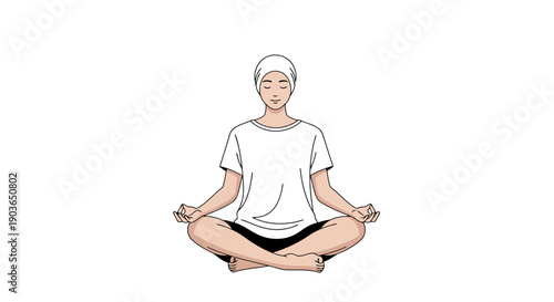 Person meditating in lotus pose on white background with eyes closed and hands in mudra position promoting inner peace and mindfulness