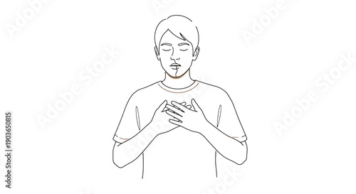 Young man meditating with hands crossed over chest eyes closed in a peaceful gesture representing inner calm and mindfulness for personal well being