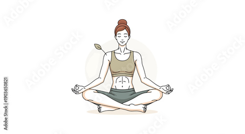 Calm woman balances in a yoga lotus pose with hands in meditation gesture and a subtle leaf detail suggesting nature and wellness