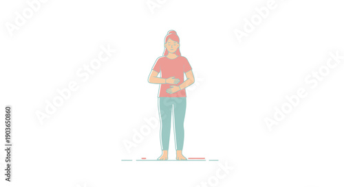Person Stands Holding Stomach In Casual Attire Against Blank Background Depicting Discomfort or Pain Illustration