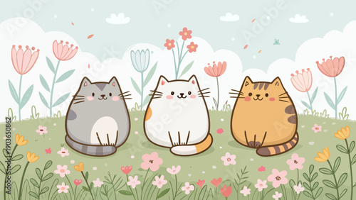 Three adorable cartoon cats sitting together in a vibrant flower field on a sunny day
