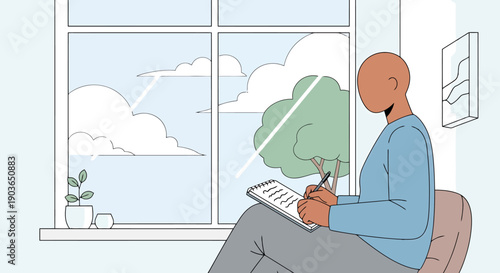 Person Sits Indoors Writing On Pad Looking Out Large Window At Peaceful Daytime Sky With Clouds And Green Tree Reflections