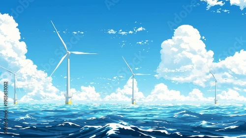 Wind turbines spinning over ocean horizon under vibrant blue sky and fluffy clouds