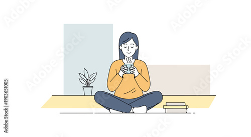 Adult woman sitting cross legged holding cup enjoying warm beverage relaxation moment indoor with plant and boxes on floor calm atmosphere simple