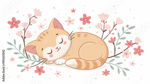 Adorable cat sleeps peacefully among blooming cherry blossoms