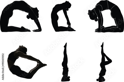 Six distinct yoga poses in silhouette