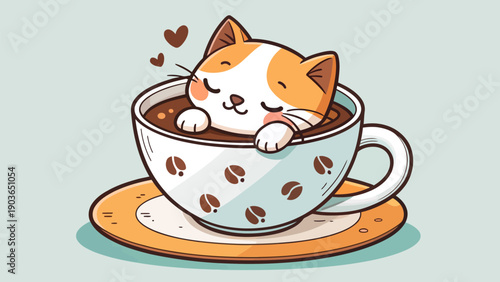 Adorable cat sleeping in coffee cup illustration