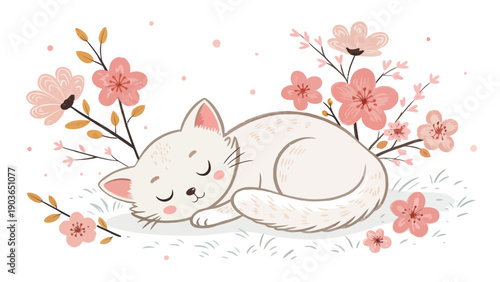 Adorable white cat sleeping peacefully among blooming cherry blossoms