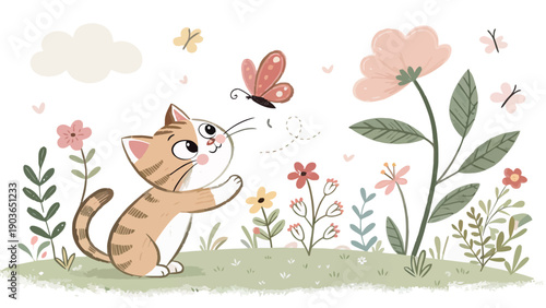 Playful cat chasing butterfly in vibrant garden with flowers