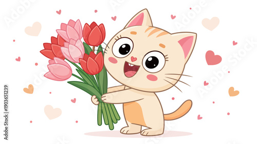 Cute cat holding bouquet of tulips with hearts around