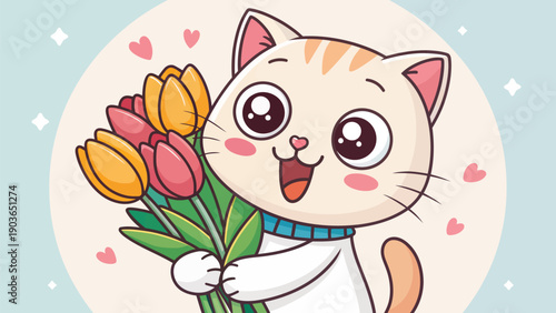 Adorable cat holding tulips with joyful expression
