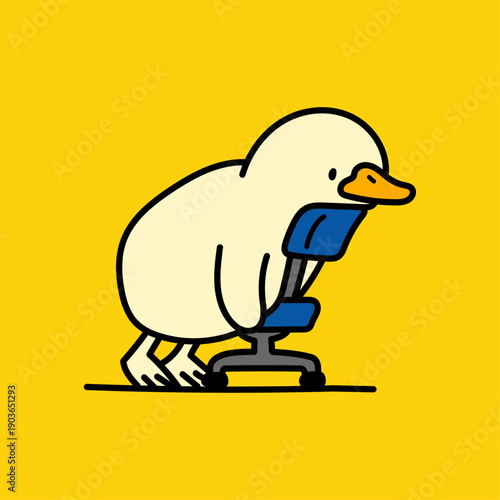Funny cartoon duck struggling to sit on an office chair with a yellow background, illustrating a humorous depiction of office life or procrastination