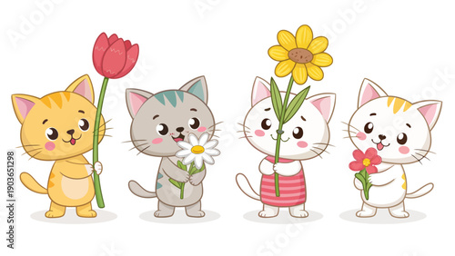 Cute cats holding colorful flowers in playful poses
