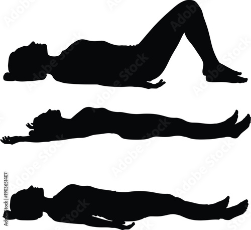 Three silhouette images of a woman in different yoga or stretching poses