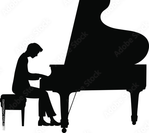 Silhouetted pianist playing grand piano on stage, showcasing elegance, concentration, musical artistry, and expressive performance in dramatic black silhouette style for captivating concert imagery