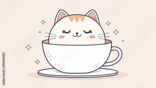 Cuddly cat snuggled up in a cozy teacup with sparkling stars