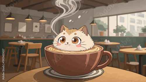 Cute cartoon cat in a cup of coffee in a cozy cafe