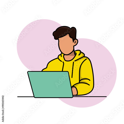 Young Man Typing on Laptop, Focused on Online Work or Study