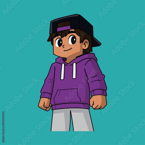 Cartoon character illustration of a young boy wearing a purple hoodie and a baseball cap, standing against a teal background