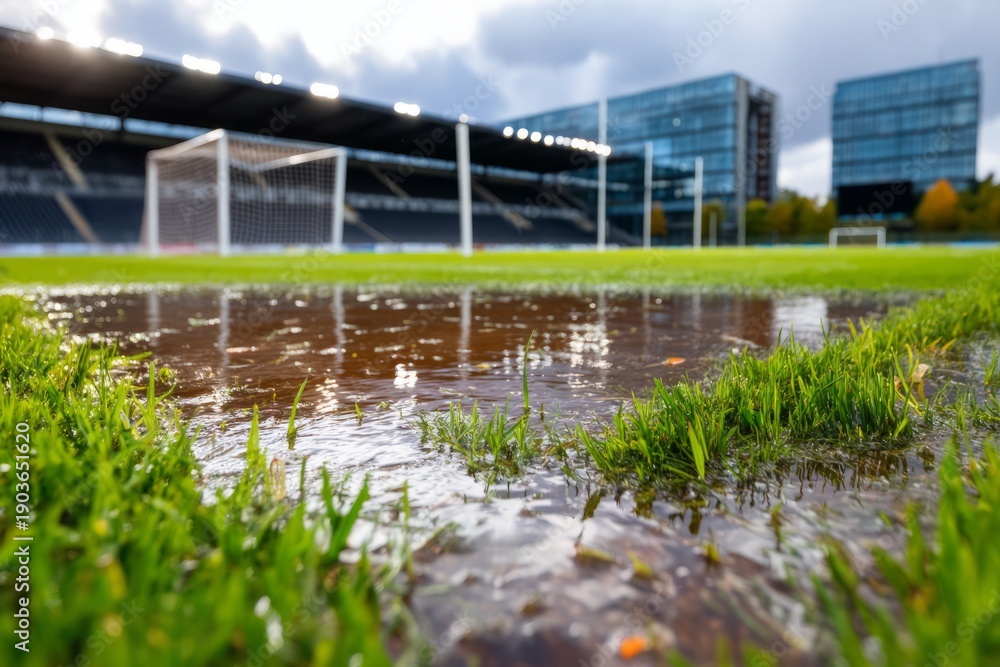 Obraz premium Empty Football Field with Waterlogged Grass After Rain in Stadium Setting