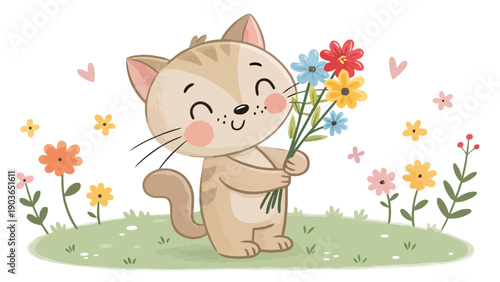 Cute cat holding colorful flowers in garden with hearts