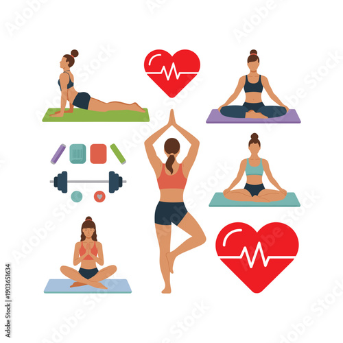 Yoga and Meditation Illustration Set with Healthy Lifestyle and Heartbeat Icons