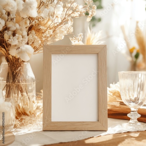 Empty wood photo frame with dried flowers and glass on a table #1903651860