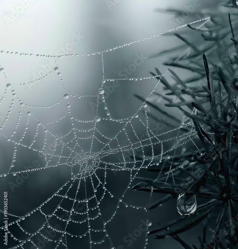 Dew Drops on Spider Web in Soft Morning Light.