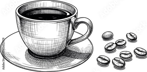 Vintage black and white coffee cup sketch with saucer and beans in line art – flavector