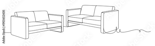 continuous line drawing of a modern two-seater sofa with cushions. A clean elegant black and white sketch a single fluid stroke.a comfortable sofa in a minimalist Vector illustration.