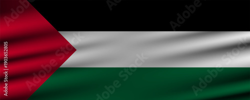 Simple illustration of the Palestine national flag with black, white, green stripes, and red triangle. Perfect for educational use, campaigns, and design projects.