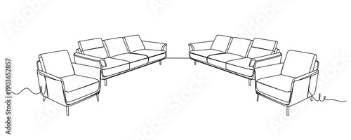 continuous line drawing of a modern two-seater sofa with cushions. A clean elegant black and white sketch a single fluid stroke.a comfortable sofa in a minimalist Vector illustration.
