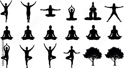 Yoga and meditation silhouettes set with balance poses, seated mindfulness positions and tree symbols, wellness fitness lifestyle concept isolated on white