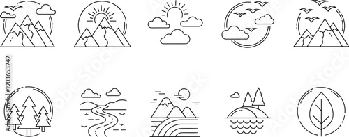 Minimal black line circular nature icons featuring mountains, forests, rivers, sun, birds, clouds and ocean landscapes isolated on white background