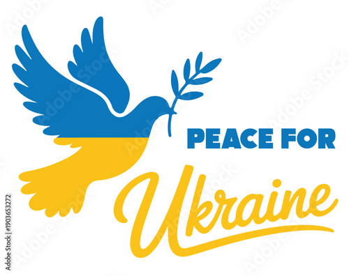 Blue and Yellow Dove Holding Olive Branch with Peace for Ukraine Text Vector on a White Background