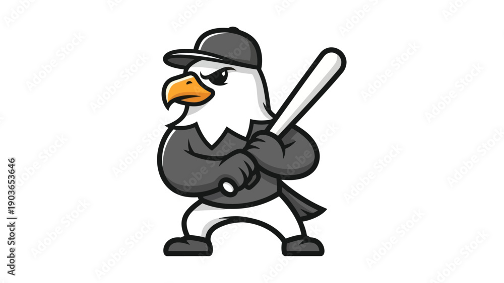 Naklejka premium Cartoon eagle baseball player poses with bat in ready position isolated