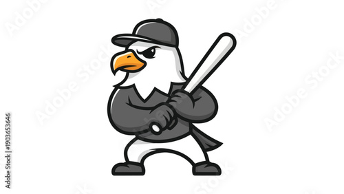 Cartoon eagle baseball player poses with bat in ready position isolated