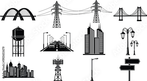 Urban infrastructure icons collection showing bridges roads power transmission towers buildings street lights city skyline transportation black white vector design