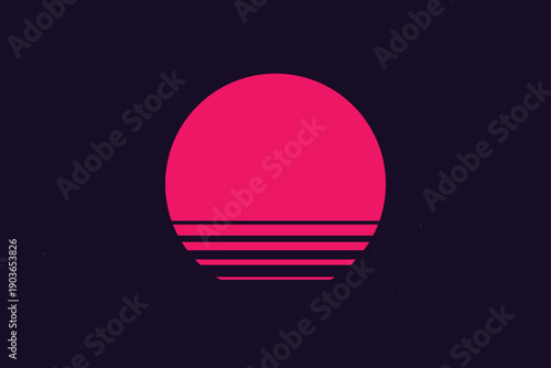 Vibrant retro wave sunset with bold stripes and a dark silhouette, capturing the nostalgic aesthetic of the 1980s.