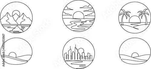 Minimal black line circular landscape icon set with mountains, ocean sunset, tropical beach, desert dunes and modern city skyline