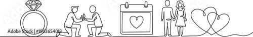 Continuous line drawing of wedding and engagement set with ring proposal couple and hearts