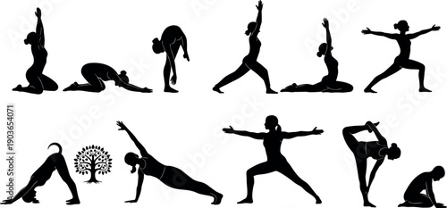 Yoga silhouette collection with female practicing yoga poses, meditation balance and flexibility exercises, wellness fitness illustration set isolated on white background