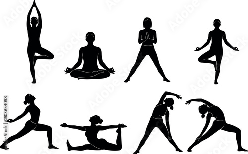 Yoga pose silhouette set featuring women practicing meditation stretching and balance exercises isolated on white background wellness fitness vector illustration